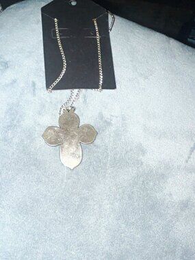 Silver Tone Metal Religious Cross Pendant Necklace on Box Chain